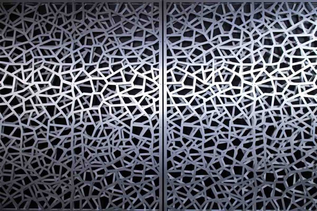 Metal frame privacy screens with decorative artistic panels