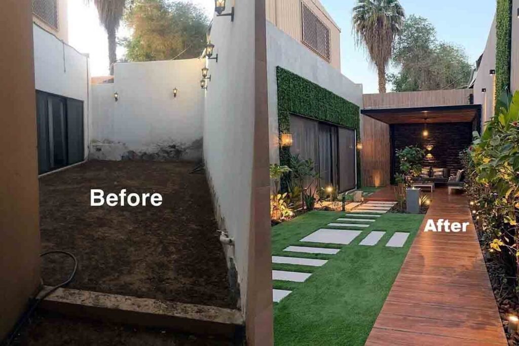 before and after backyard remodel showing expert design ideas